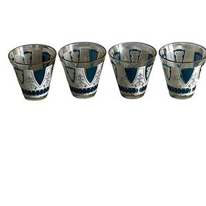 VINTAGE 4 BLUE AND WHITE MID CENTURY RETRO BARWARE LOWBALL TUMBLERS